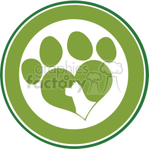 The clipart image shows a stylized representation of a green and white animal paw print with a silhouette of a dog's head in the lower part of the print. Around the paw print is a circular green and white border.