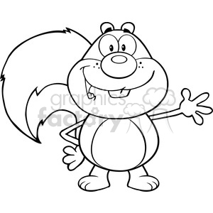 Royalty Free RF Clipart Illustration Black And White Smiling Squirrel Cartoon Mascot Character Waving