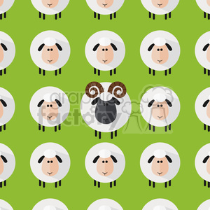 The image is a clipart pattern featuring several sheep and a single ram. The sheep are all identical with white wool, black faces, and a simplistic design, scattered uniformly across a green background. In the center, there is a contrastingly detailed and standout ram with long, curved brown horns and a black face, which looks humorously different from the sheep around it.