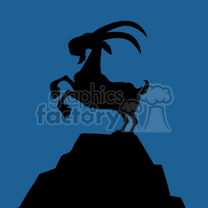 The image depicts a silhouette of a ram or goat standing atop a rocky outcrop. The animal's pose is playful or triumphant, with one front leg raised as if it's either about to leap or is proudly gesturing. Its large, curved horns are a prominent feature of the silhouette, adding to the dramatic effect against the solid-colored background.