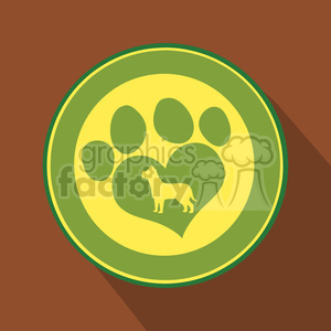 The clipart image depicts a stylized circular badge or emblem featuring a large animal paw print in the foreground with a smaller heart shape and a silhouette of a dog within it. The colors used are shades of green and yellow, set against a background that appears to be varying shades of brown.