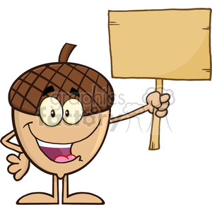   Royalty Free RF Clipart Illustration Smiling Acorn Cartoon Mascot Character Holding A Wooden Board 