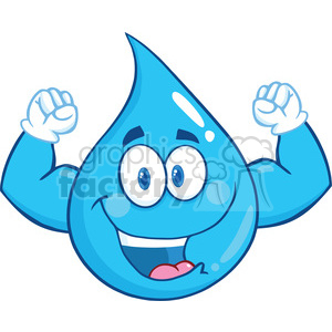   Royalty Free RF Clipart Illustration Water Drop Character Showing Muscle Arms 
