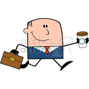   Royalty Free RF Clipart Illustration Lucky Businessman Running To Work With Briefcase And Coffee Cartoon Character 