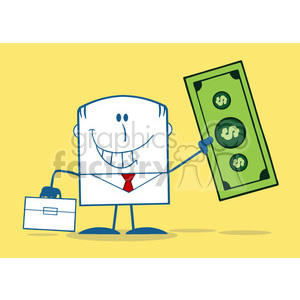 Royalty Free RF Clipart Illustration Lucky Businessman With Briefcase Holding A Dollar Bill Monochrome Cartoon Character On Yellow Background