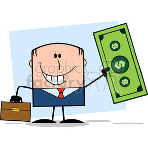   Royalty Free RF Clipart Illustration Lucky Businessman With Briefcase Holding A Dollar Bill Cartoon Character On Background 