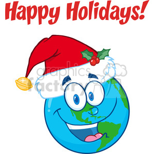 A cheerful Earth cartoon character wearing a Santa hat with holly, accompanied by the text 'Happy Holidays!' in red.