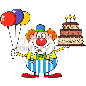 A cheerful clown holding balloons and a birthday cake with lit candles, perfect for a circus-themed birthday celebration.