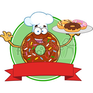 8728 Royalty Free RF Clipart Illustration Chef Chocolate Donut Cartoon Character With Sprinkles Serving Donuts Circle Label Vector Illustration Isolated On White