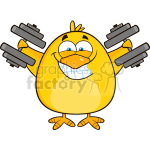 8611 Royalty Free RF Clipart Illustration Smiling Yellow Chick Cartoon Character Training With Dumbbells Vector Illustration Isolated On White