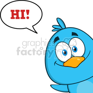 8814 Royalty Free RF Clipart Illustration Smiling Blue Bird Cartoon Character Looking From A Corner With Speech Bubble And Text Vector Illustration Isolated On White