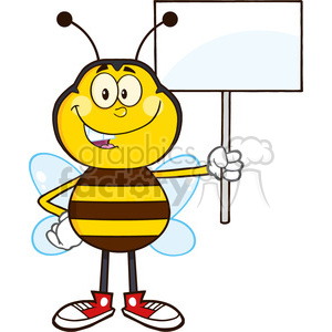 8376 Royalty Free RF Clipart Illustration Bee Cartoon Mascot Character Holding Up A White Blank Sign Vector Illustration Isolated On White