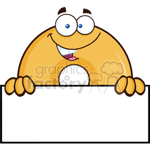 8649 Royalty Free RF Clipart Illustration Donut Cartoon Character Over A Sign Vector Illustration Isolated On White 01