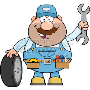   8553 Royalty Free RF Clipart Illustration Smiling Mechanic Cartoon Character With Tire And Huge Wrench Vector Illustration Isolated On White 