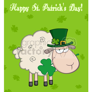 A cartoon sheep wearing a leprechaun hat with shamrocks, set against a green background with the text 'Happy St. Patrick's Day!'