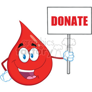 A cheerful cartoon blood drop character holding a sign that says 'DONATE'.