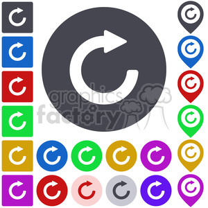 A set of colorful refresh and rotate icons in various shapes and sizes, featuring curved arrows in a circular design. The icons are suitable for web interfaces and applications.