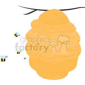 Clipart image of a yellow beehive hanging from a branch, with several bees flying around it.