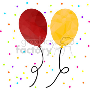 A clipart image featuring a red and a yellow balloon with polygonal patterns, surrounded by multicolored confetti dots.