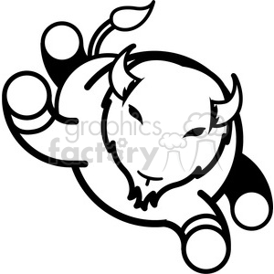 The image depicts a stylized black and white silhouette or drawing of a muscled bull character. It is a simplified and bold graphic likely meant for logos, sports teams, or as a mascot representation with elements like the horns, snout, and a tail suggesting strength and movement. The image is animal-themed, and could possibly be associated with the keywords provided, which suggest themes of powerful animals like bison, buffalo, bulls or broncos often used for team mascots or brand identities.