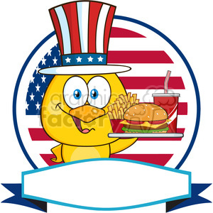 chick cartoon character with patriotic hat holding a fast food tray over a circle blank label in front of flag of usa vector