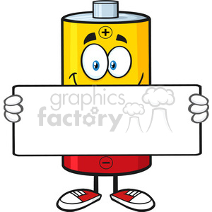 royalty free rf clipart illustration smiling battery cartoon mascot character holding a blank sign vector illustration isolated on white
