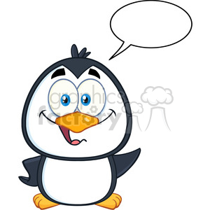   The image shows a cute, cartoon-style penguin with a cheerful expression. It has large blue eyes, a big orange beak, and feet to match. The penguin appears to be standing and looking slightly upwards. Above the penguin
