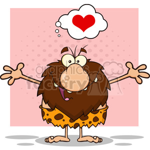 A comical illustration of a caveman with a large nose, dressed in a spotted animal skin, standing with open arms. He has a thought bubble containing a red heart, indicating affection or love.