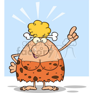 A cartoon illustration of a cheerful cavewoman with a big nose, wearing a leopard-patterned dress, a bone in her hair, and pointing up with an idea.