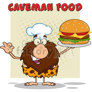 chef male caveman cartoon mascot character holding a big burger and gesturing ok vector illustration with text caveman food