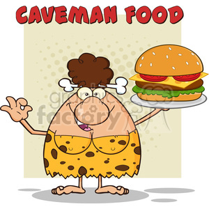 A cartoon cavewoman wearing a spotted dress is holding a large burger with lettuce, cheese, and tomato on a plate. The image has the text 'Caveman Food' above.