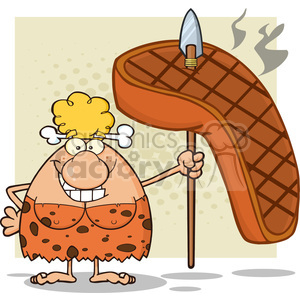   The clipart image depicts a humorous cartoon representation of a cavewoman. She has wild, yellow hair, and is wearing a traditional animal-print garment with a bone accessory in her hair. She is smiling and holding a large club with a pointed stone tied to it, giving the impression of a prehistoric tool or weapon. The background features a textured beige pattern suggesting a primitive cave wall, and there
