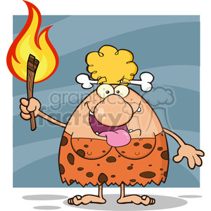 smiling cave woman cartoon mascot character holding up a fiery torch vector illustration