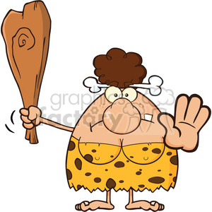 A cartoon illustration of a cavewoman holding a wooden club and gesturing with her hand to stop. She is wearing a traditional spotted animal skin outfit and has a bone in her hair.