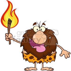 A cartoon caveman character holding a torch with a flame. The caveman has a large nose, shaggy beard, and is wearing a spotted animal skin.