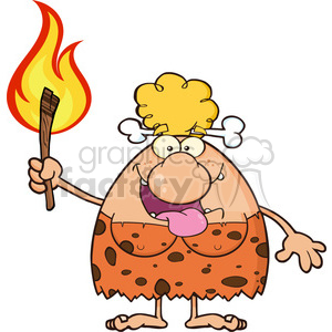   The image is a colorful and humorous clipart illustration of a cavewoman. She has a large, prominent nose, a goofy smile with her tongue sticking out, and messy yellow hair tied with bones. She