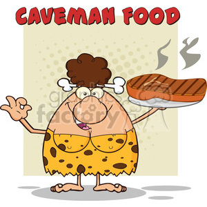 A comic-style illustration of a cavewoman wearing a spotted dress with a bone in her hair, holding a large steak. The text 'Caveman Food' is above her.