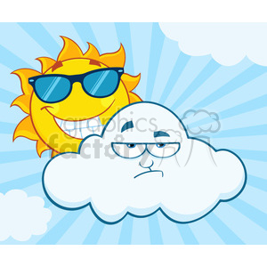 royalty free rf clipart illustration smiling summer sun with sunglasses and grumpy cloud mascot cartoon characters vector illustration with sunburst background