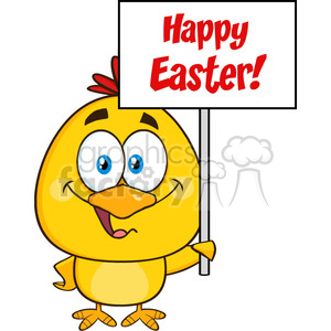 9202 royalty free rf clipart illustration smiling yellow chick cartoon character holding a happy easter sign vector illustration isolated on white