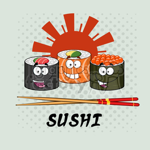   illustration sushi roll set cartoon characters with chopsticks and text vector illustration with background 