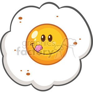 The image is a cartoon-style illustration of a fried egg with a smiling face on the yolk. The yolk is yellow with a smiling face and a pink tongue sticking out. Surrounding the yolk is the egg white, which is represented with a fluffy, cloud-like edge and has small, brown specks scattered around, mimicking the look of a real fried egg.