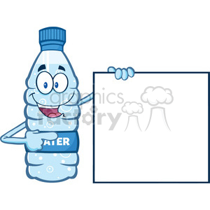 cartoon ilustation of a water plastic bottle mascot character holding and pointing to a blank banner vector illustration isolated on white background