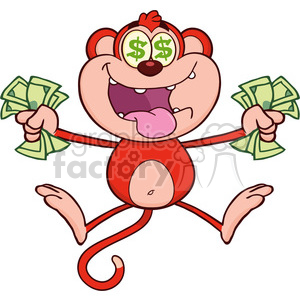 Clipart image of an excited monkey holding money with dollar signs in its eyes, symbolizing wealth and excitement.