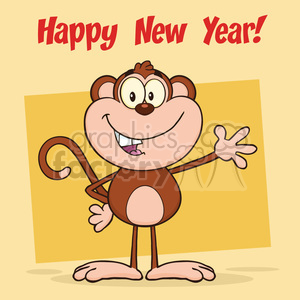 A cheerful cartoon monkey waving with the text 'Happy New Year!' above it.