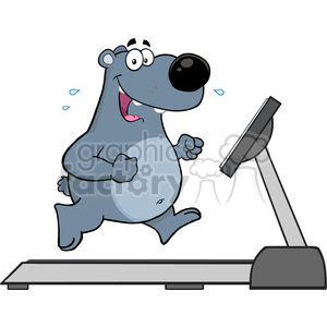 A humorous clipart image of a cartoon bear running on a treadmill. The bear is sweating, indicating that it is exercising intensely.