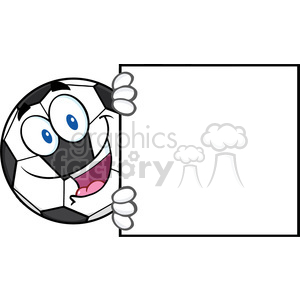 happy soccer ball cartoon mascot character looking around a blank sign vector illustration isolated on white background