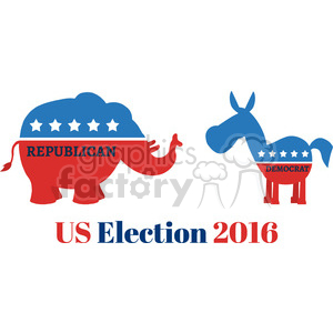 The image displays stylized representations of a red elephant with the word REPUBLICAN and a blue donkey with the word DEMOCRAT. Both are adorned with stars and colored in with the red, white, and blue of the American flag. Below these figures is the text US Election 2016, indicating the year the image is referencing.