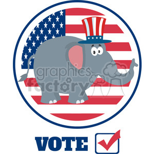 Clipart image of a cartoon elephant wearing a hat with the American flag design, standing in front of an American flag background. The image includes the word 'VOTE' and a checkmark in a box below the elephant.