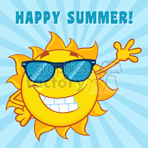 smiling sun cartoon mascot character with sunglasses waving for greeting with text happy summer vector illustration with blue background