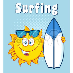 happy sun cartoon mascot character holding a surf board with text surfing vector illustration over green halftone background